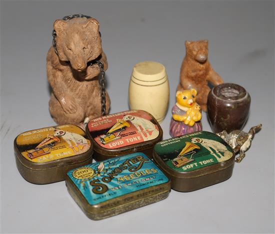 A cold painted bronze, Black Forest bear, needle tins etc